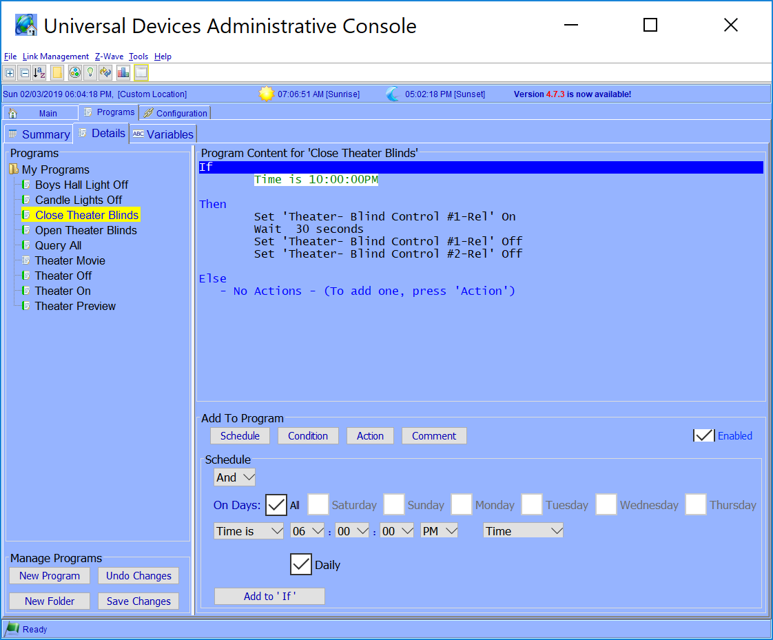 ISY Blind Close Program